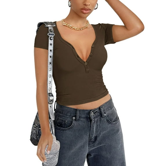 Coduop Women Short Sleeve T-Shirt,V-Neck Button Closure Slim Fit Summer Casual Basic Tees Tops