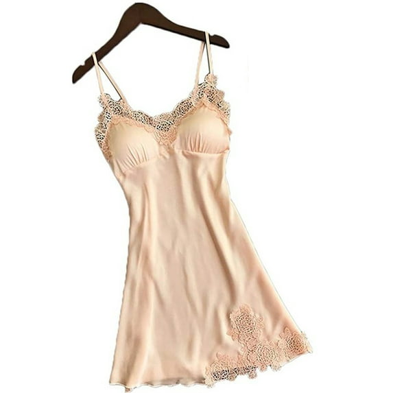 Coduop Women Silk Satin Sleepwear Dress Babydoll Lace Sleepwear V-Neck Mini Skirt