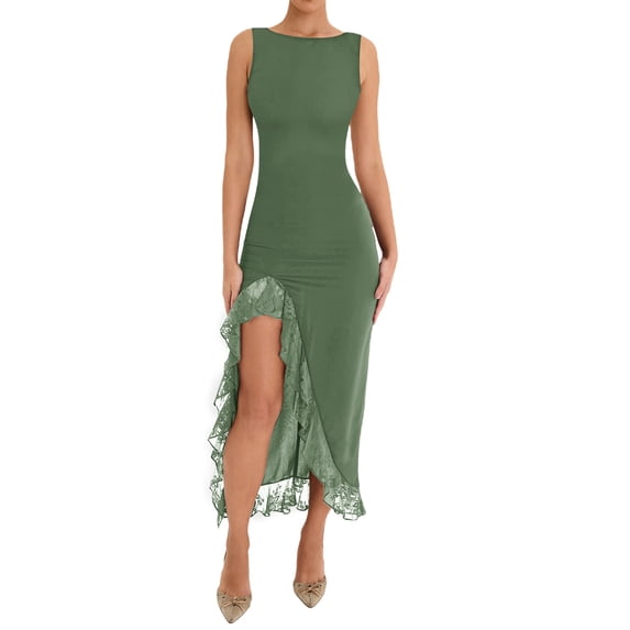 Coduop Women Sleeveless Tank Dress Crew Neck Lace Patchwork High Slit Maxi Long Bodycon Dress