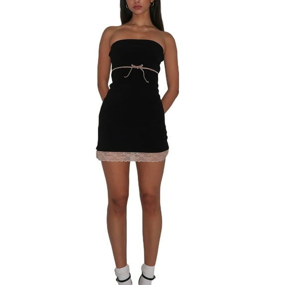 Coduop Women Sleeveless Wrap Chest Bodycon Dress Lace Trim Strapless Backless Dress Party Mini Dress