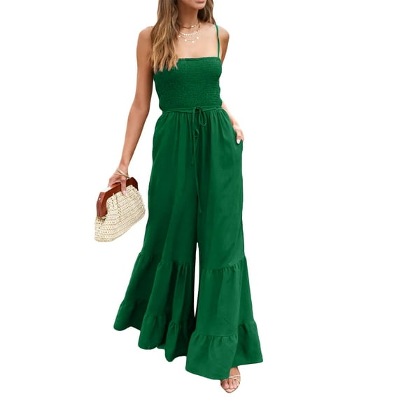 Coduop Women Spaghetti Strap Bell Bottom Jumpsuit Casual Sleeveless Playsuit Wide Leg Bodysuits