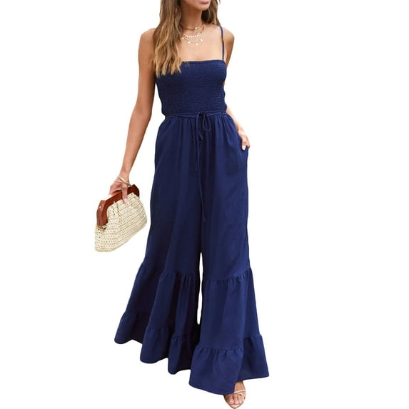 Coduop Women Spaghetti Strap Bell Bottom Jumpsuit Casual Sleeveless Playsuit Wide Leg Bodysuits