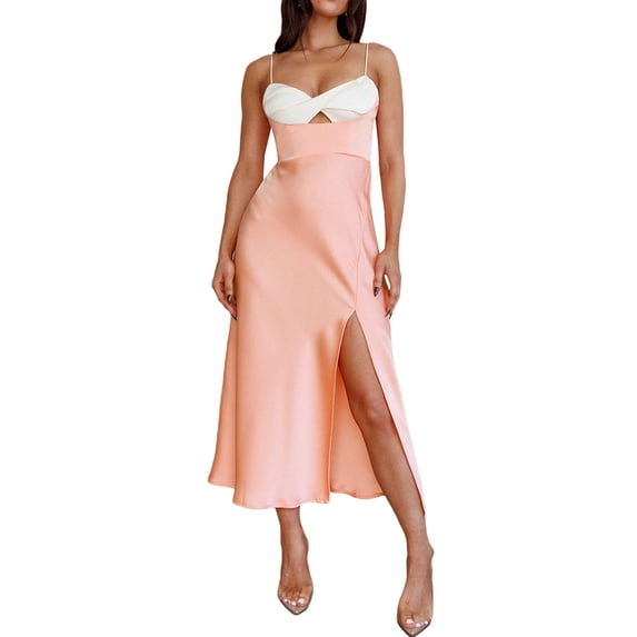 Coduop Women Spaghetti Strap Cami Dress Side Split Bodycon Long Dress Slit Cocktail Party Dresses