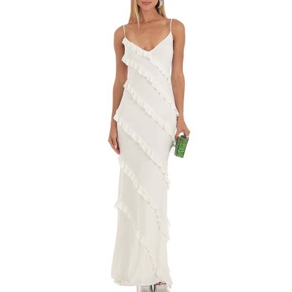 Coduop Women Spaghetti Strap Dress Layered Tiered Ruffle Sleeveless Backless Bodycon Long Dress