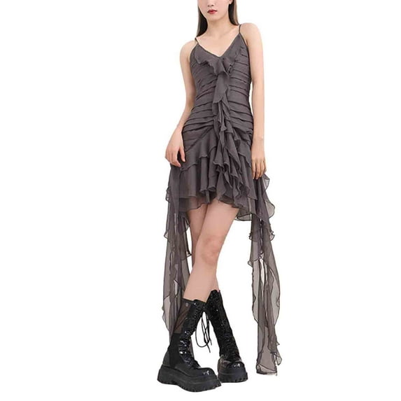 Coduop Women Spaghetti Strap Long Bodycon Dress Sleeveless Backless Irregular Ruffle Tassel Dress
