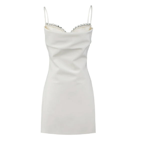 Coduop Women Spaghetti Strap Mini Dress Pearl Rhinestone Backless Low Cut Party Short Dresses
