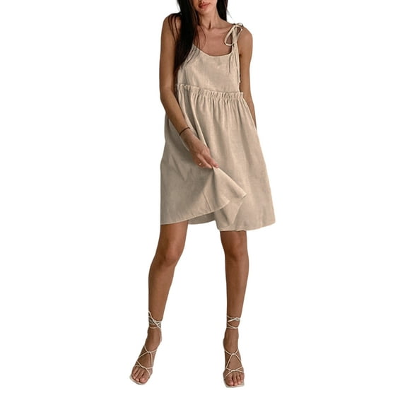 Coduop Women Spaghetti Strap Sleeveless Dress Summer Tie-up Backless Loose A-Line Party Dress