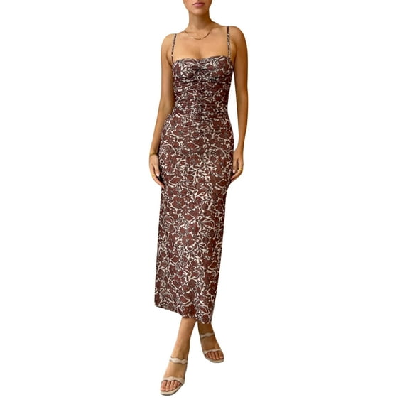 Coduop Women Spaghetti Strap Sleeveless Dress Vintage Floral Ruched Party Dress Sundress