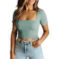thumbnail image 1 of Coduop Women Square Neck Basic T Shirt Short Sleeve Solid Color Slim Fit Crop Top, 1 of 6