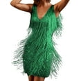 thumbnail image 1 of Coduop Women Tassel Tiered Mini Dresses V-Neck Spaghetti Straps Sparkly Short Party Dress, 1 of 5