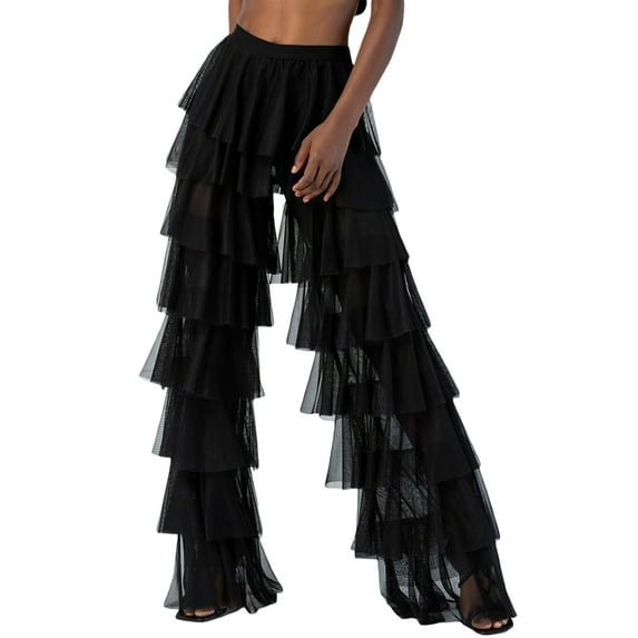 Coduop Women Tiered Ruffled Tulle Long Pants Sheer Mesh Multi Layer High Waist Wide Leg Pants
