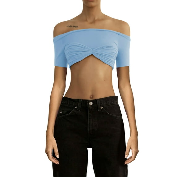 Coduop Women Twist Knot Front Knit Bandeau Tube Top Sleeveless Off Shoulder Strapless Cropped Crop