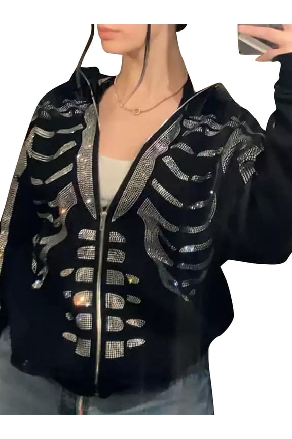 Women Vintage Zip Up Oversized Hoodie Sweatshirt Rhinestones Skeleton Printed Hooded Jackets