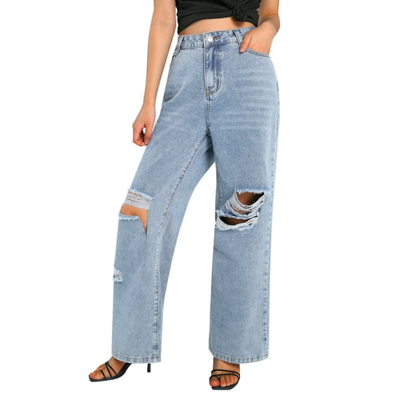 Coduop Women's Baggy Distressed Flare Wide Leg Jeans Ripped High Waist Straight Denim Pants