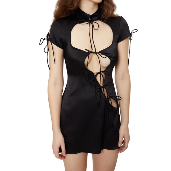 Coduop Women's Bodycon Cut Out Mini Dress Mock Neck Short Sleeve Bandage Dress Party Club Dress