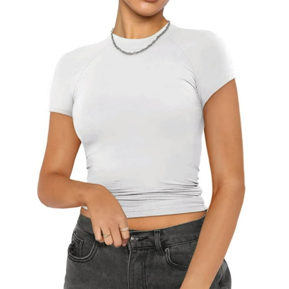 Coduop Women's Casual Basic Crop Tops Solid Color Short Sleeve Crewneck Slim Fitted Blouse T-shirt