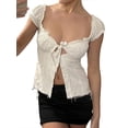 thumbnail image 1 of Coduop Women's Casual Lettuce Trim Puff Sleeve Square Collar Tees Retro T-shirt Crop Tops, 1 of 5