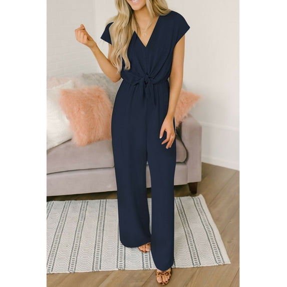 Coduop Women's Casual V Neck Wasit Belted Wide Leg Loose Jumpsuit Romper