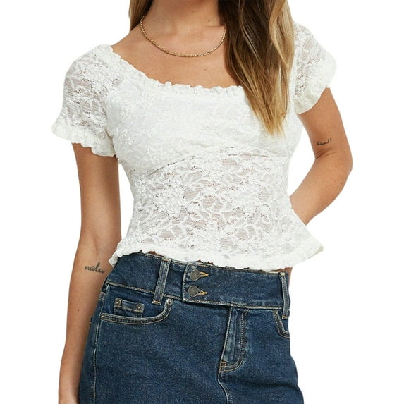 Coduop Women's Elegant Lace Blouse Short Sleeve Crop Top T-Shirt Streetwear