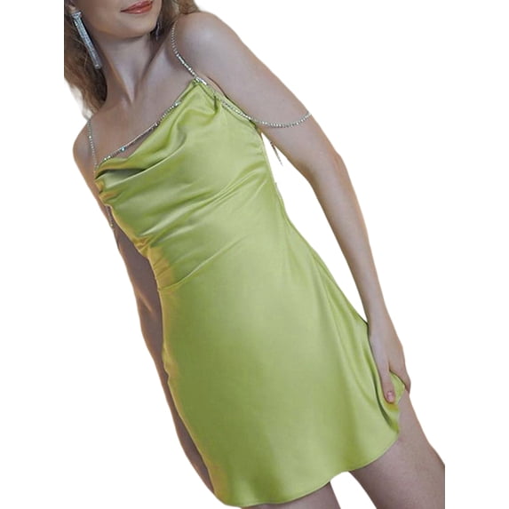 Coduop Women's Elegant Spaghetti Strap Off Shoulder Rhinestone Chain Party Short Dress