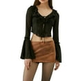 thumbnail image 1 of Coduop Women's Fairy Tie Up Front Bell Long Flared Sleeve Low Cut Ruffle Blouse Shirt Crop Tops, 1 of 4
