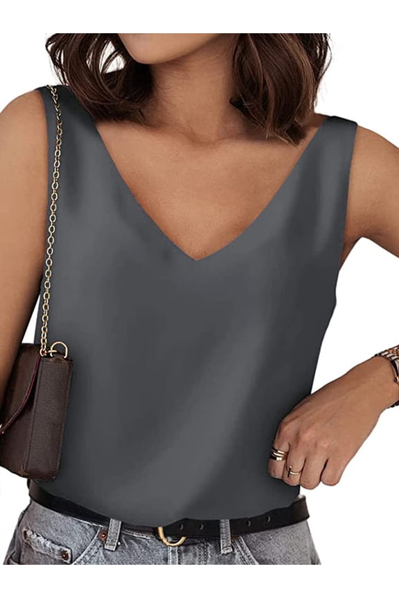 Women's Loose Silk Satin Vest Casual Sleeveless V Neck Cami Basic Tank Top Shirts