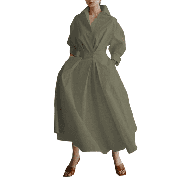Coduop Women's Maxi Shirt Dress Loose Long Sleeve Button Smocked Cinched Waist Long Dress