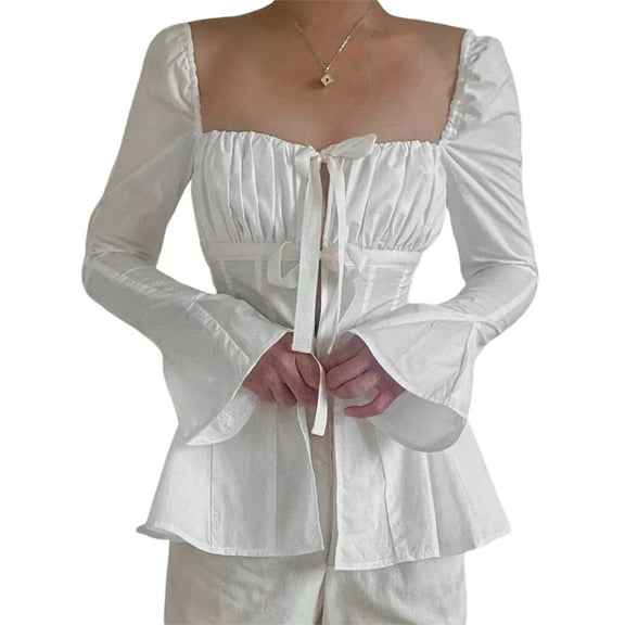 Coduop Women's Pleated Shirt Tops Long Sleeves Square Neck Bandage  Bow Knotted Blouse Crop Tops