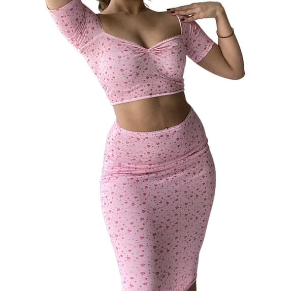 Coduop Women's Sexy Summer 2 Piece Skirt Sets Floral Short Sleeve Crop Tank Tops Bodycon Skirt