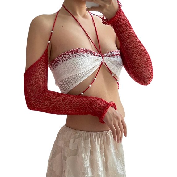 Coduop Women's Short Vest Tops Sleeveless Halter Neck Beaded Casual Vest Crop Tops + Arm Sleeves