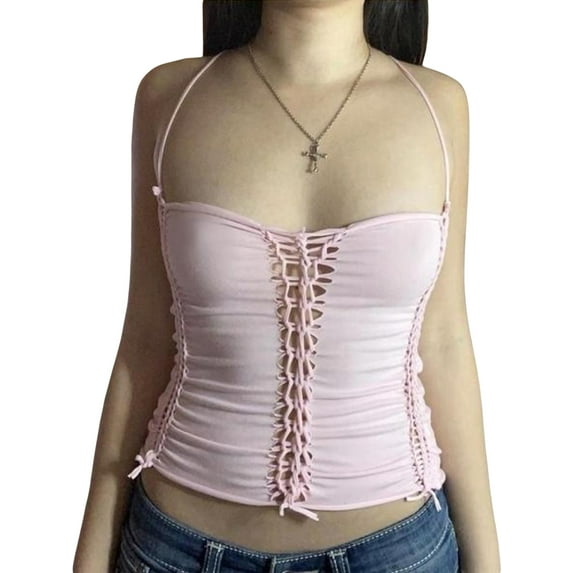 Coduop Women's Sleeveless Crop Camisole Bandage Ripped Cutout Backless Tops