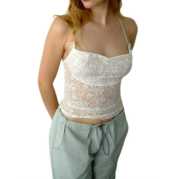 Coduop Women's Sleeveless Mesh See-through Floral Lace Halterneck Backless Tank Top Blouse