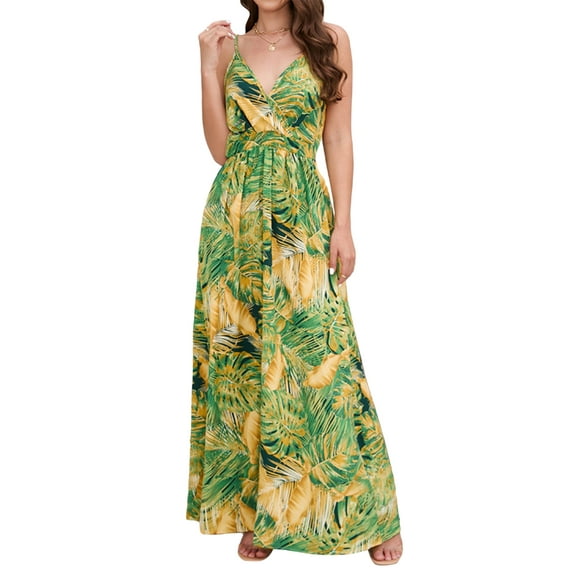 Coduop Women's Spaghetti Strap Midi Dress Sleeveless Backless V Neck Boho Floral Dress