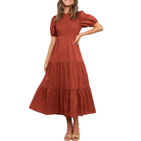 Coduop Women's Summer A-line Midi Dress Short Puff Sleeves Wrap Chest Ruffled Flowy Pleated Dress