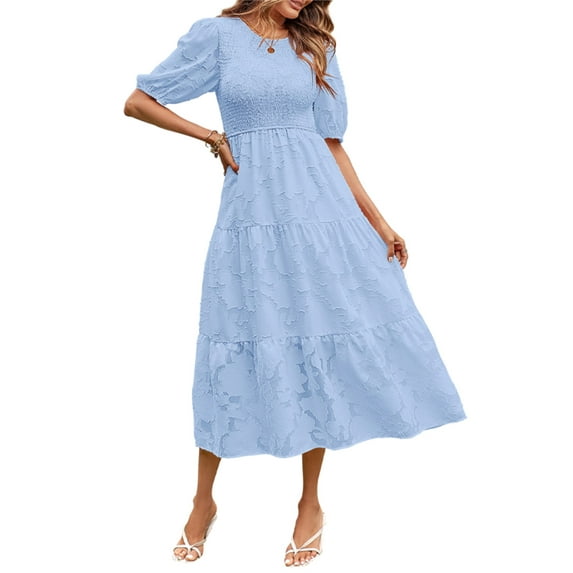 Coduop Women's Summer Lace Floral Midi A-line Dress Puff Short Sleeve High Waist Midi Beach Dresses