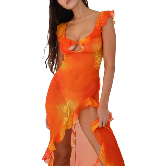 Coduop Women's Summer Maxi Dress Casual Low-cut Backless Floral Print Ruffled Split Long Dress