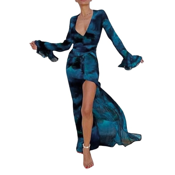 Coduop Women's Swimwear Sunscreen Smock Dress Long Sleeve V Neck Print Split Beach Long Dress