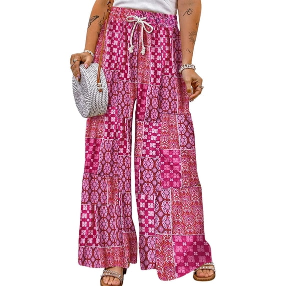 Coduop Womens Boho Floral Beach Pants Straight Floral Wide Leg Loose Summer Beach Palazzo Pants