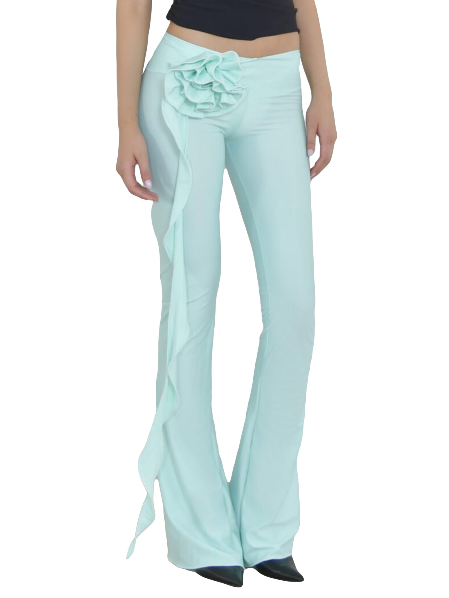 Coduop Womens Flared Pants Low Waist 3D Rosette Trousers Ruffle