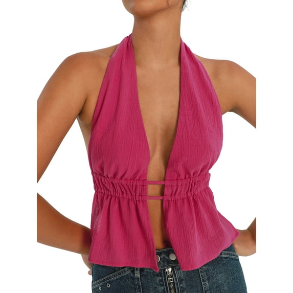 Coduop Womens Sexy Halter Tank Tops Sleeveless Backless Split Front Ruched Drawstring Cami Crop Top