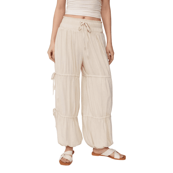 Coduop Womens Wide Leg Palazzo Pants Drawstring Pleated Tiered Pants Casual Beach Lounge Trousers
