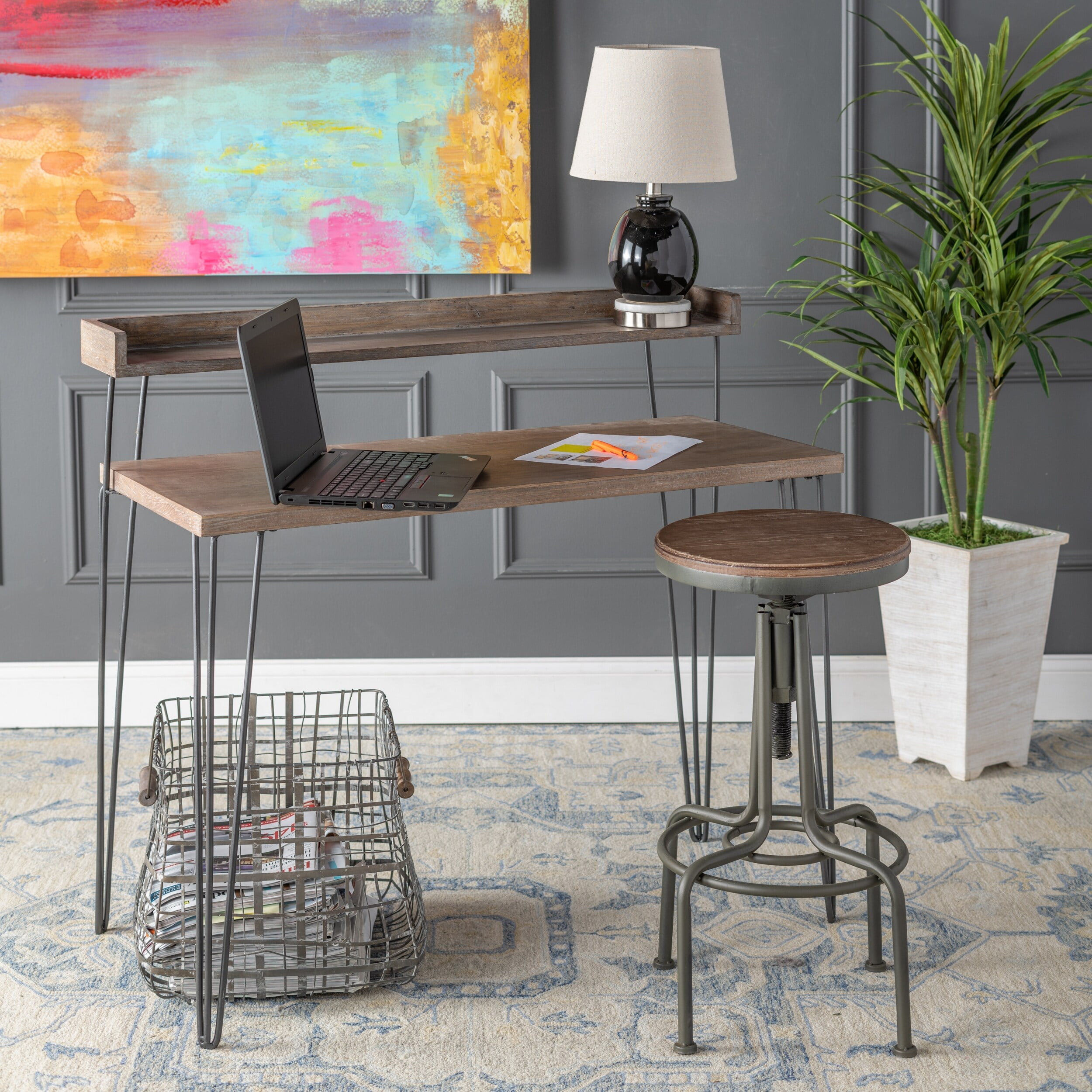 Cody 2 Tier Brown Fir Wood and Metal Desk