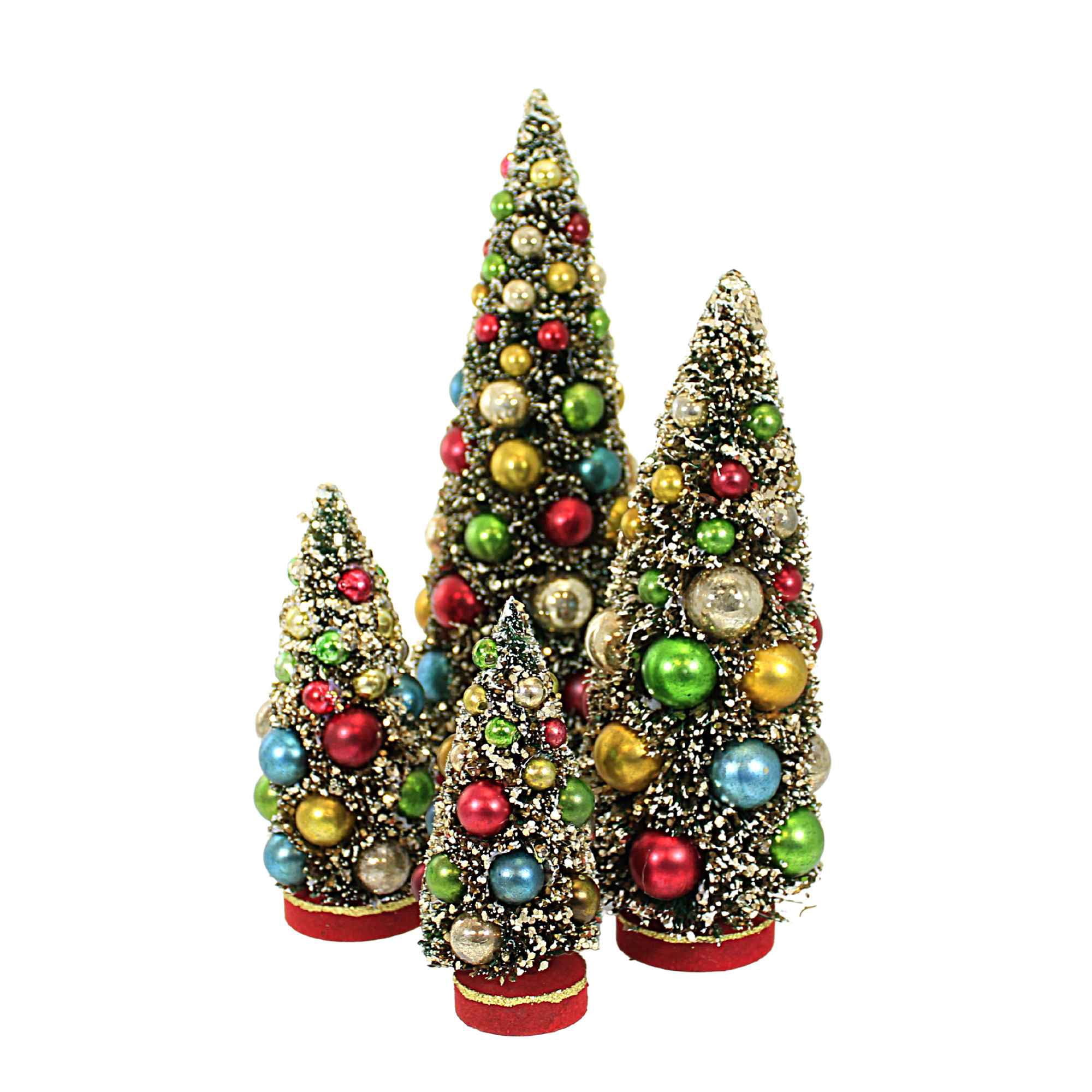 Multicolor Glass Ball Decorated Bottle Brush Christmas Trees with Wooden Base, Set of 4