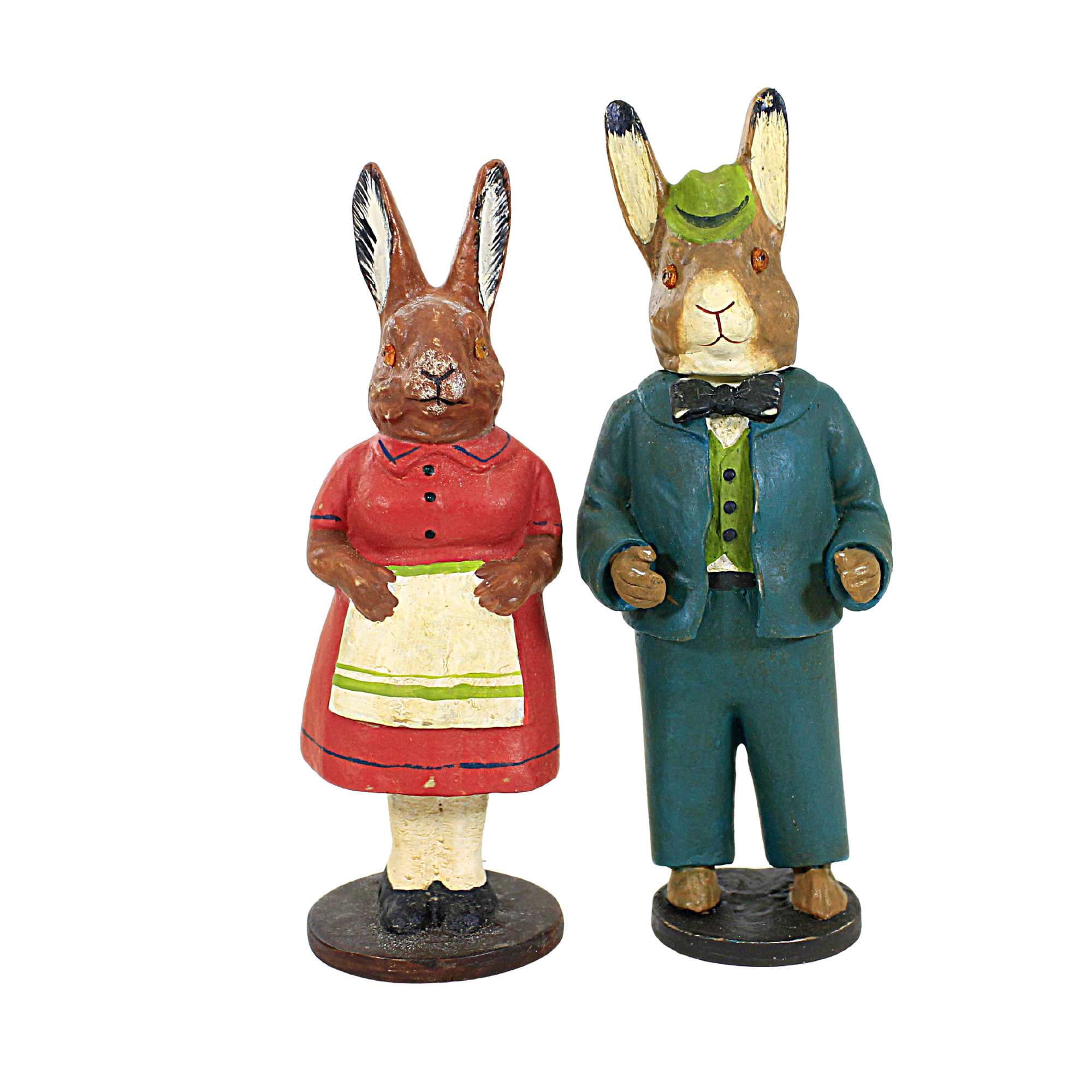 Vintage-Inspired Resin Rabbit Couple Figurines in Red and Blue
