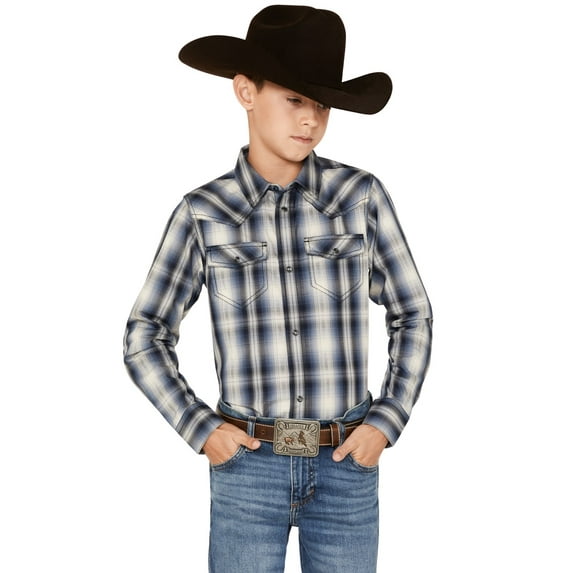 Cody James Boys' Plaid Print Long Sleeve Western Snap Shirt Blue US