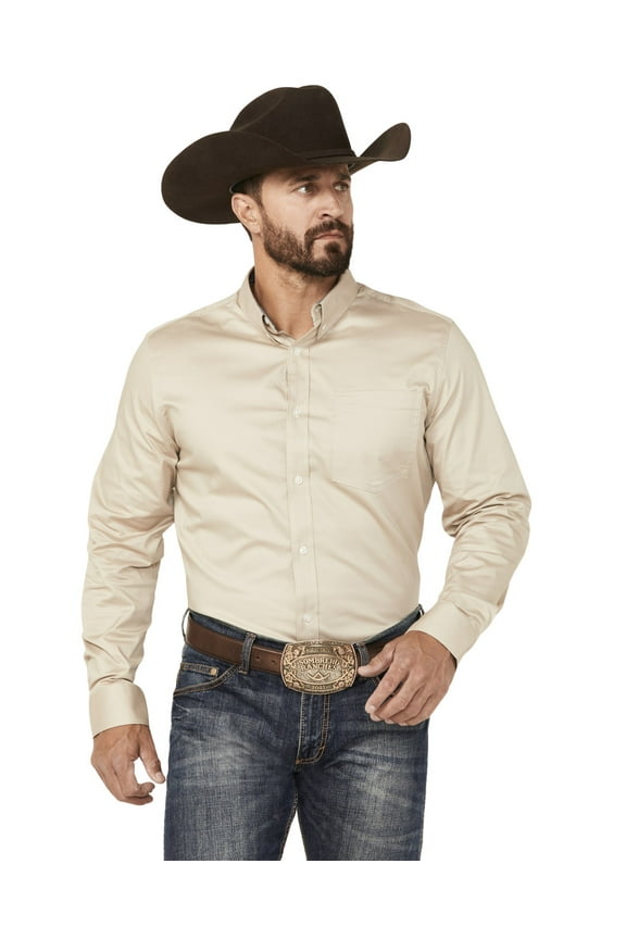 Men's Basic Twill Long Sleeve Button-Down Performance Western Shirt Tan 4X