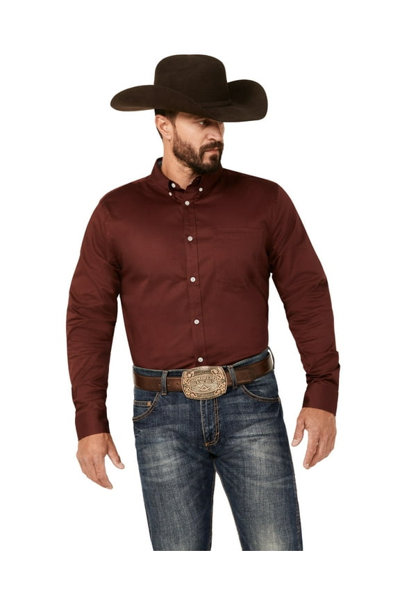 Men's Basic Twill Long Sleeve Button-Down Performance Western Shirt - CJFA23W17-WINE Medium