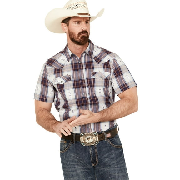 Cody James Men's Dog Southwestern Dobby Plaid Print Short Sleeve Western Snap - CJSU23W86-TAN