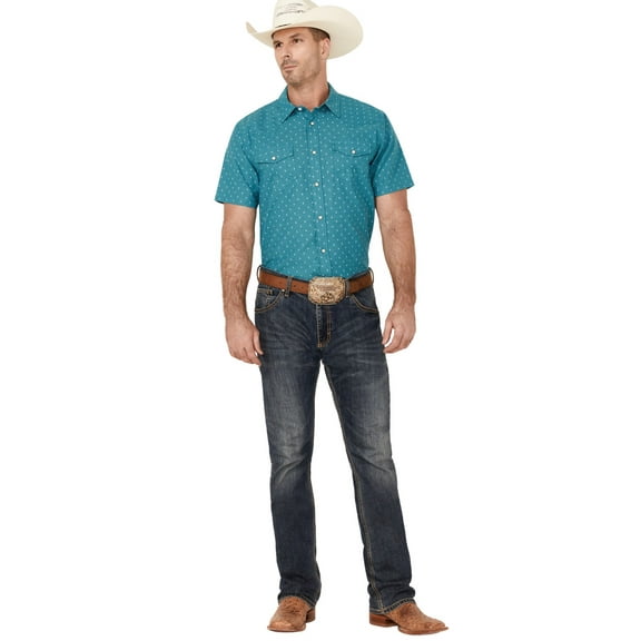 Cody James Men's Field Day Chambray Geo Print Short Sleeve Snap Western Shirt - CMSP22W7-BLU Medium