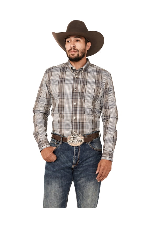 Men's Fiesta Plaid Print Long Sleeve Button-Down Western Shirt White